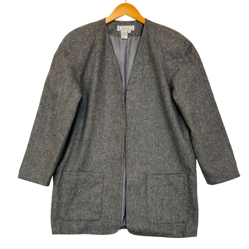 Lee David Jacket Women 9/10 Gray Wool Blend Open Front Vintage Oversized Blazer